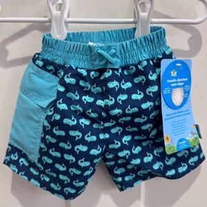 I Play Whale Print Swim Diaper Shorts